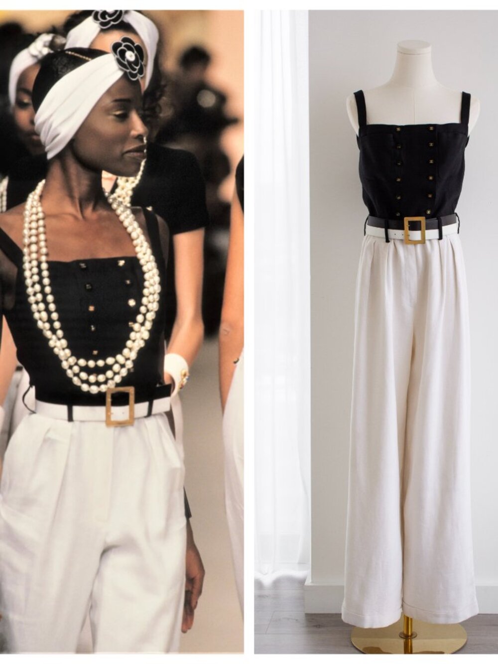 Chanel Vintage S/S 1995 Barbie Black White CC 95P Belt Linen Jumpsuit